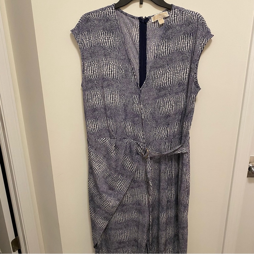 Large Michael Kors Blue and White short sleeve Jumper w/ partial fold over belt